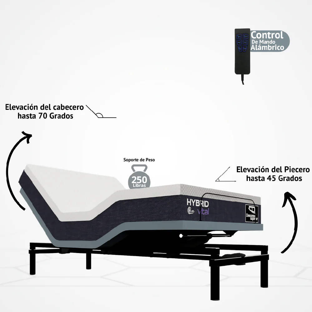 Cama Eléctrica Ajustable Easy Bed Control Alámbrico Gris Plomo /100x190 + Colchon Hybrid Vital - Imagen 5