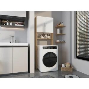 Ahorrador de Espacio para Lavadora, Blanco Duqueza y Fresno, con dos puertas y tres entrepaños