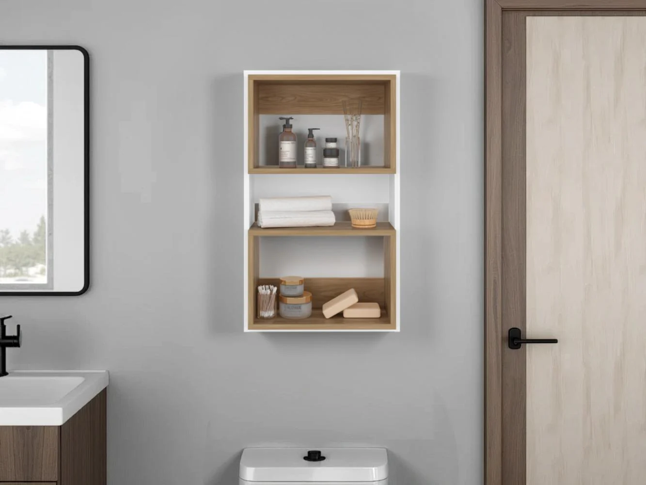 Gabinete de Baño Sensei Eco, Blanco Duqueza y Fresno Europeo, con superficies para ubicar objetos - Imagen 3