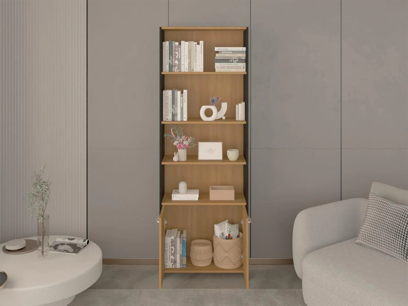 Biblioteca Milán, Fresno Europeo y Wengue, con dos Puertas Abatibles y Cuatro Entrepaños - Imagen 6