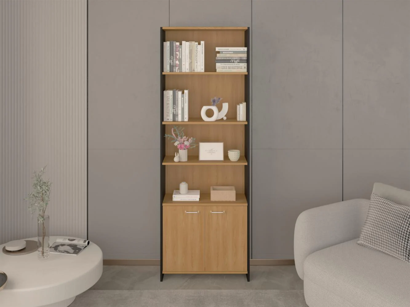 Biblioteca Milán, Fresno Europeo y Wengue, con dos Puertas Abatibles y Cuatro Entrepaños - Imagen 5