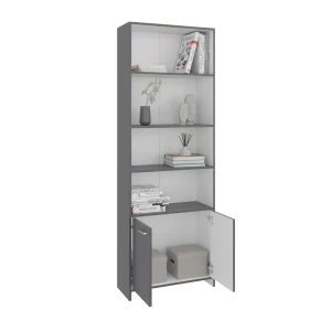 Biblioteca Milán, Plata Oscuro y Blanco, con Dos Puertas Abatibles y Cuatro Entrepaños ZF