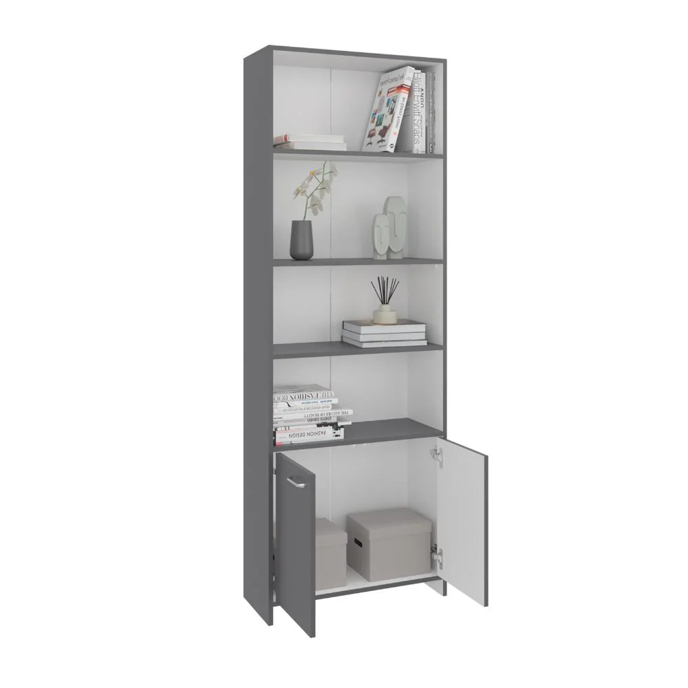 Biblioteca Milán, Plata Oscuro y Blanco, con Dos Puertas Abatibles y Cuatro Entrepaños ZF