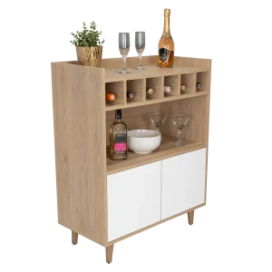 Bar Burdeos, Beige y Blanco, con Espacio Para Botellas y Porta Copas