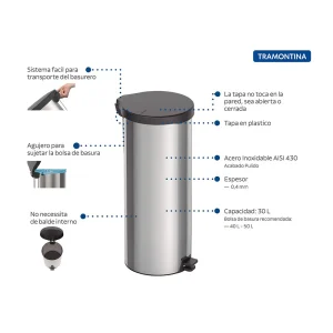 Basurero de Pedal,tapa plastica negra Linea New 30 Lt