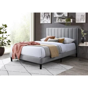 Cama Doble Lisa, Gris Claro, madera roble tapizada