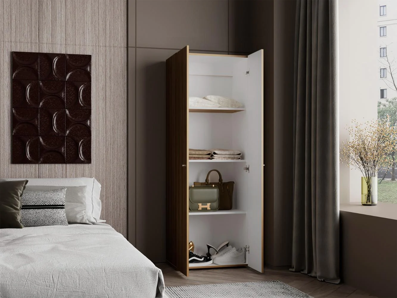 Closet Beico, Fresno y Blanco Duqueza, con dos Puertas Abatibles y cuatro entrepaños - Imagen 4