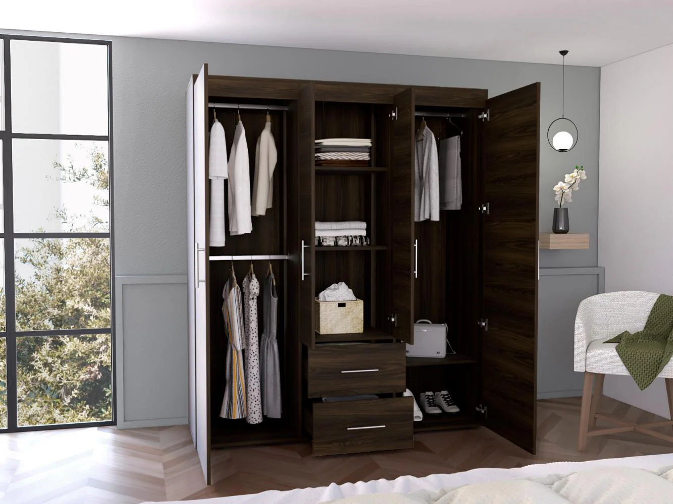 Closet Bariloche Bombay Eco, Nogal Europeo, con Variedad de Entrepaños y Cuatro Puertas Abatibles - Imagen 6