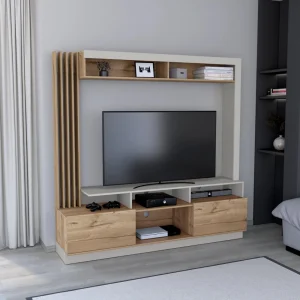 Mesa Para Tv Bromley, Toquilla y Café Claro, con Espacio Para Televisor de Hasta 70 Pulgadas