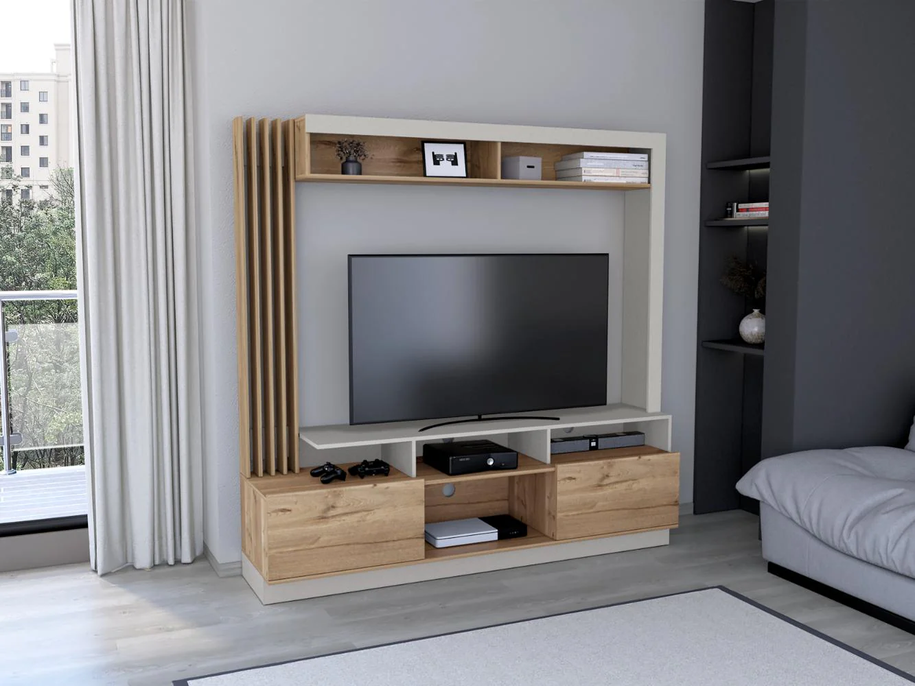 Mesa Para Tv Bromley, Toquilla y Café Claro, con Espacio Para Televisor de Hasta 70 Pulgadas