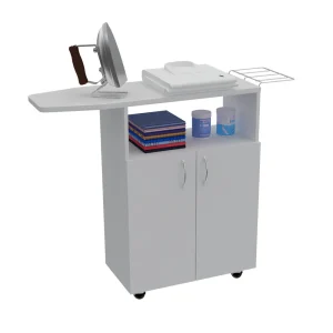 Mesa Para Planchar Zendaya, Blanco Duqueza, con compartimientos para almacenar elementos de aseo ZF