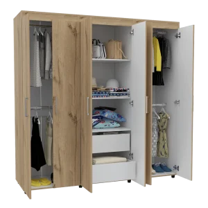 Closet Zafiro, Café Claro y Blanco, con Dos Cajones Multiusos y Seis Puertas Abatibles