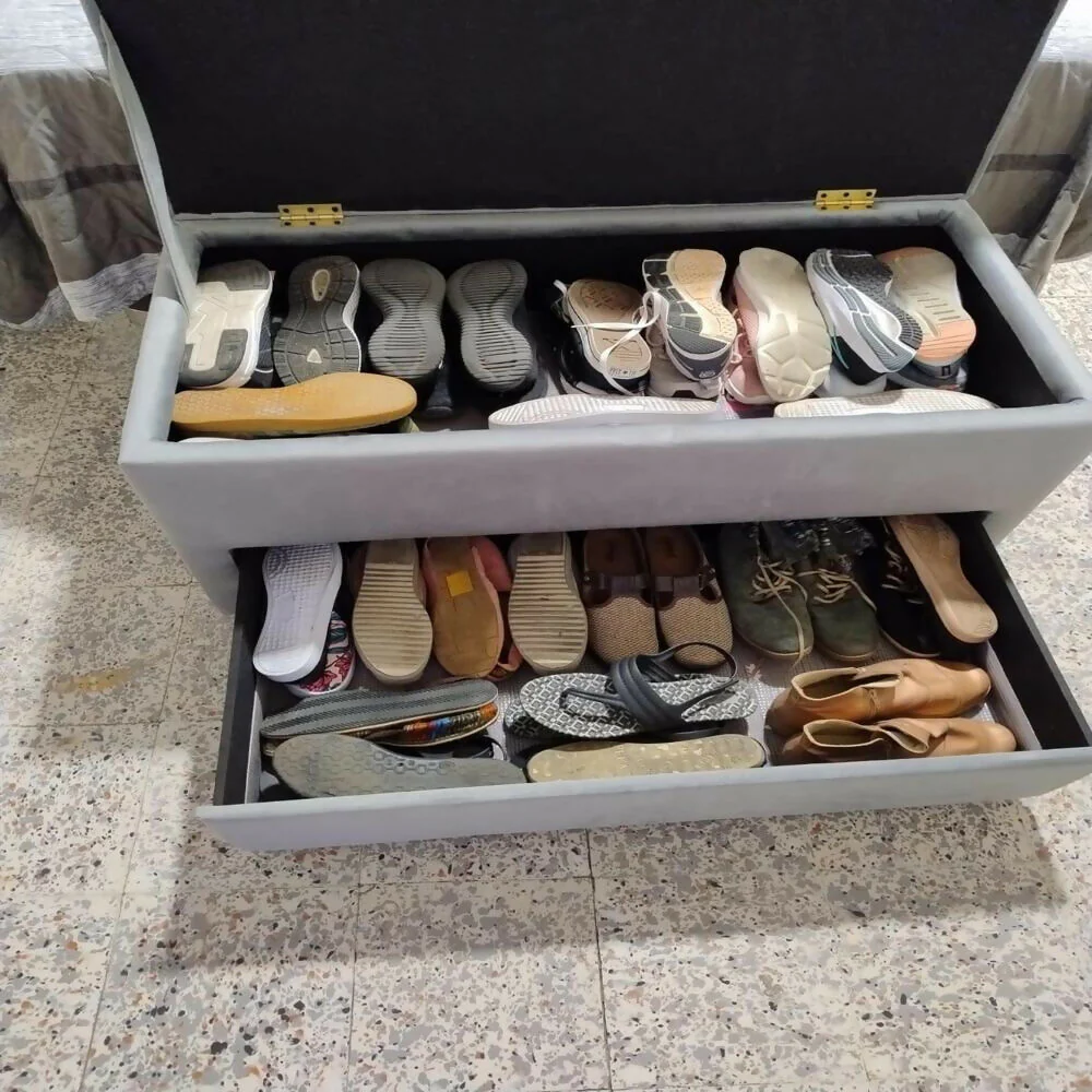 Puff Zapatero Doble Nivel 100x50x50 Gris Tela - Imagen 2