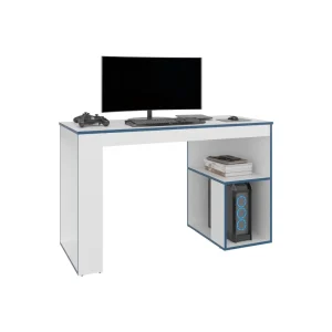 Escritorio Gamer Astana, Blanco Duqueza y Azul, con dos entrepaños y amplia superficie