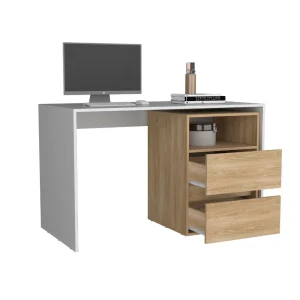 Escritorio Rook, Blanco y Fresno Europeo, con espacio para objetos decorativos ZF
