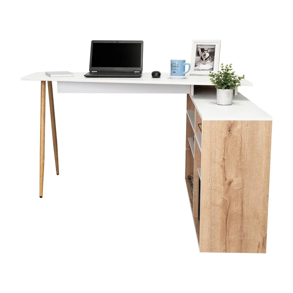 Escritorio En L Singapur, Café Claro y Blanco Duqueza, con seis entrepaños - Imagen 2