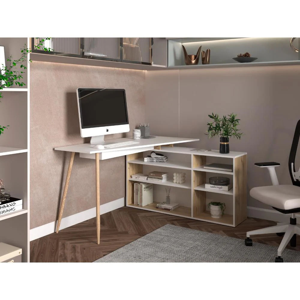 Escritorio En L Singapur, Café Claro y Blanco Duqueza, con seis entrepaños - Imagen 3