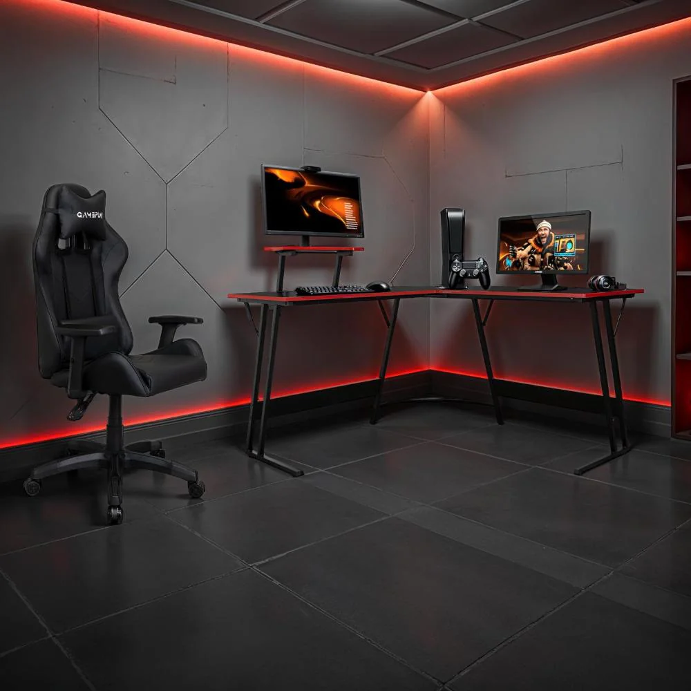 Escritorio Gamer en L, Negro y Rojo, cuenta con espacio para mas de una pantalla - Imagen 4