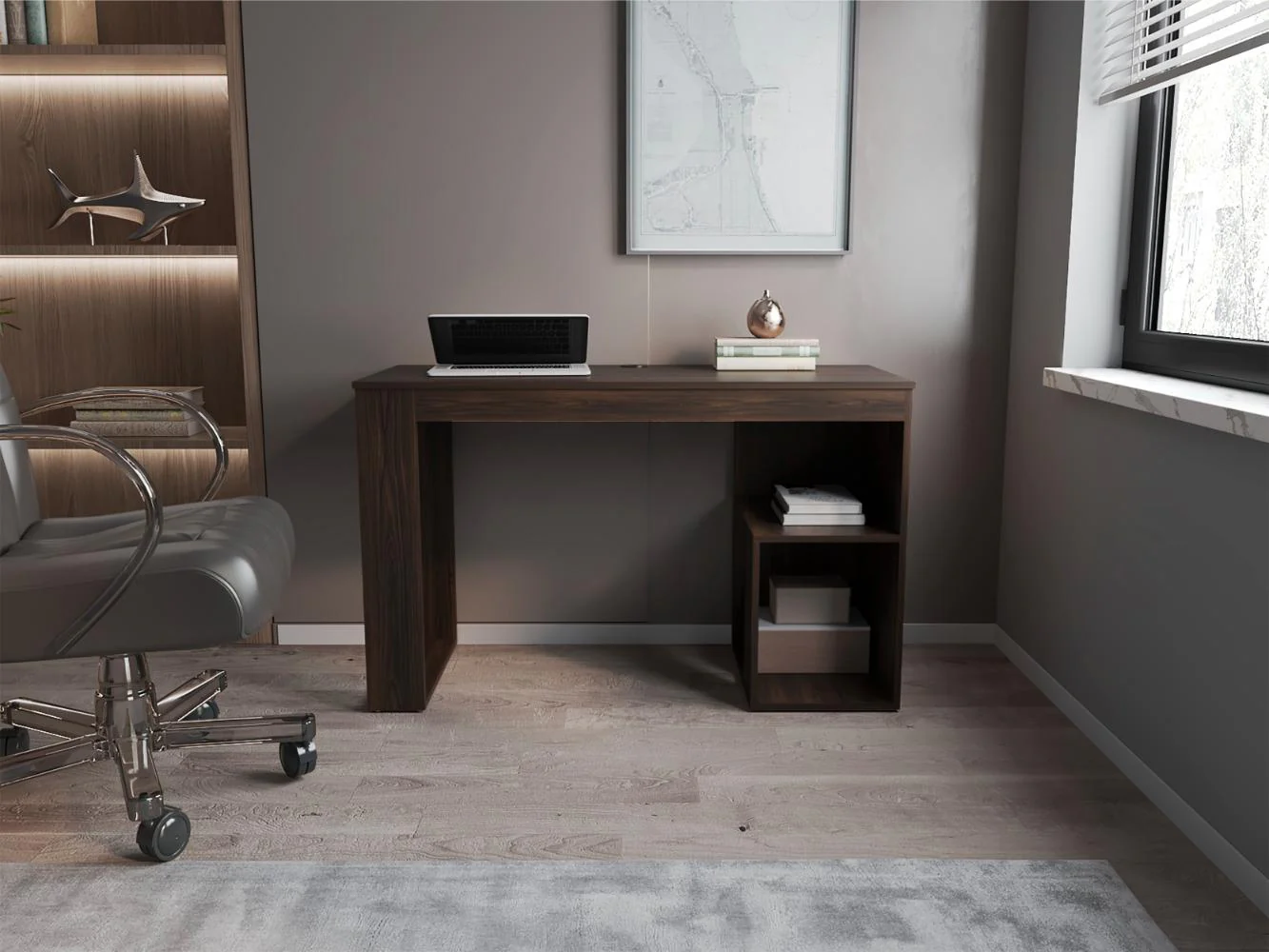 Escritorio Cuera, Nogal Europeo, con pasacables para articulos electronicos - Imagen 3