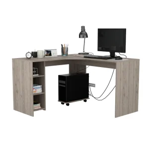 Escritorio En L Dafne, Humo, con Dos Entrepaños y Base con Rodachinas Para Fácil Desplazamiento Hc