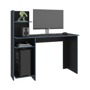 Escritorio Gamer Vilna, Wengue y Azul, con cuatro entrepaños