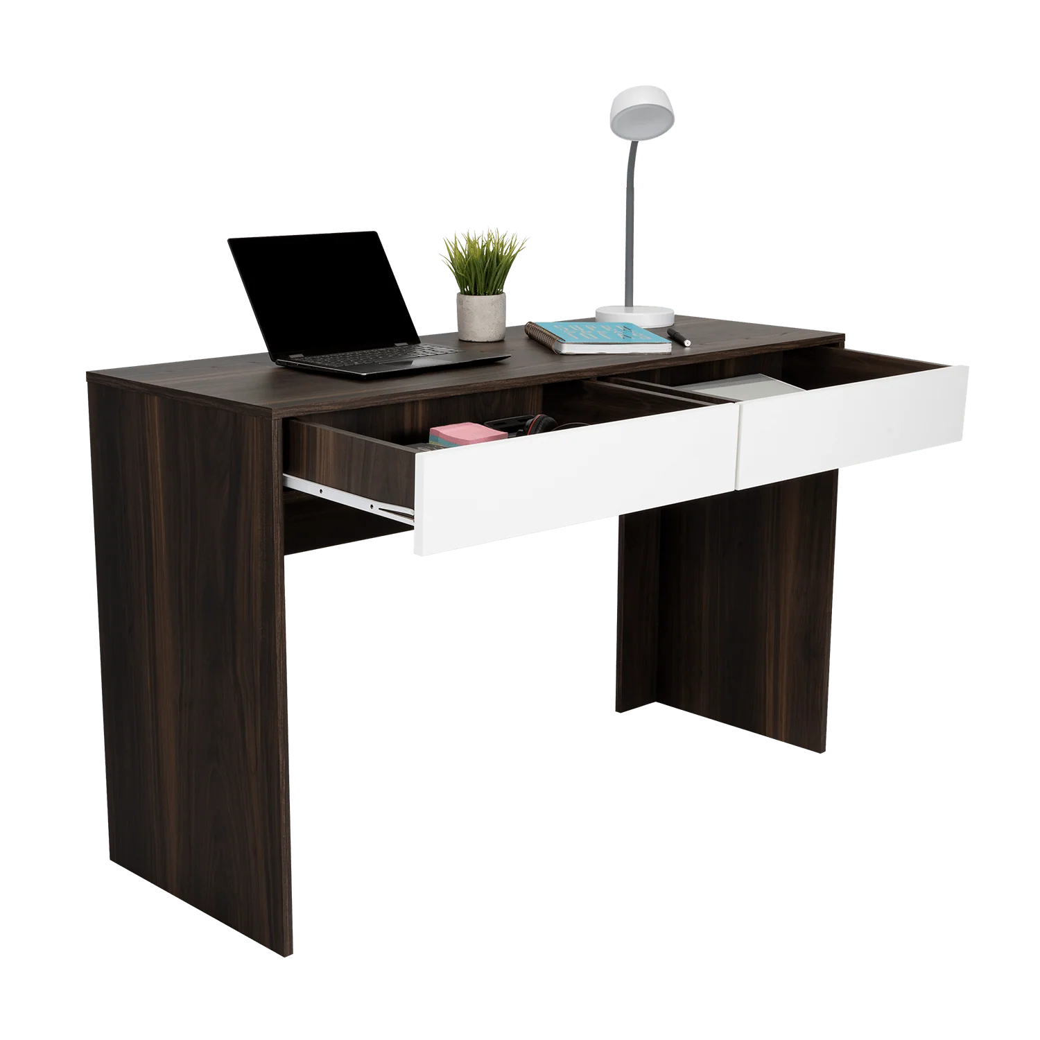 Escritorio Mantis, Nogal y Blanco, con Dos Cajones - Imagen 2