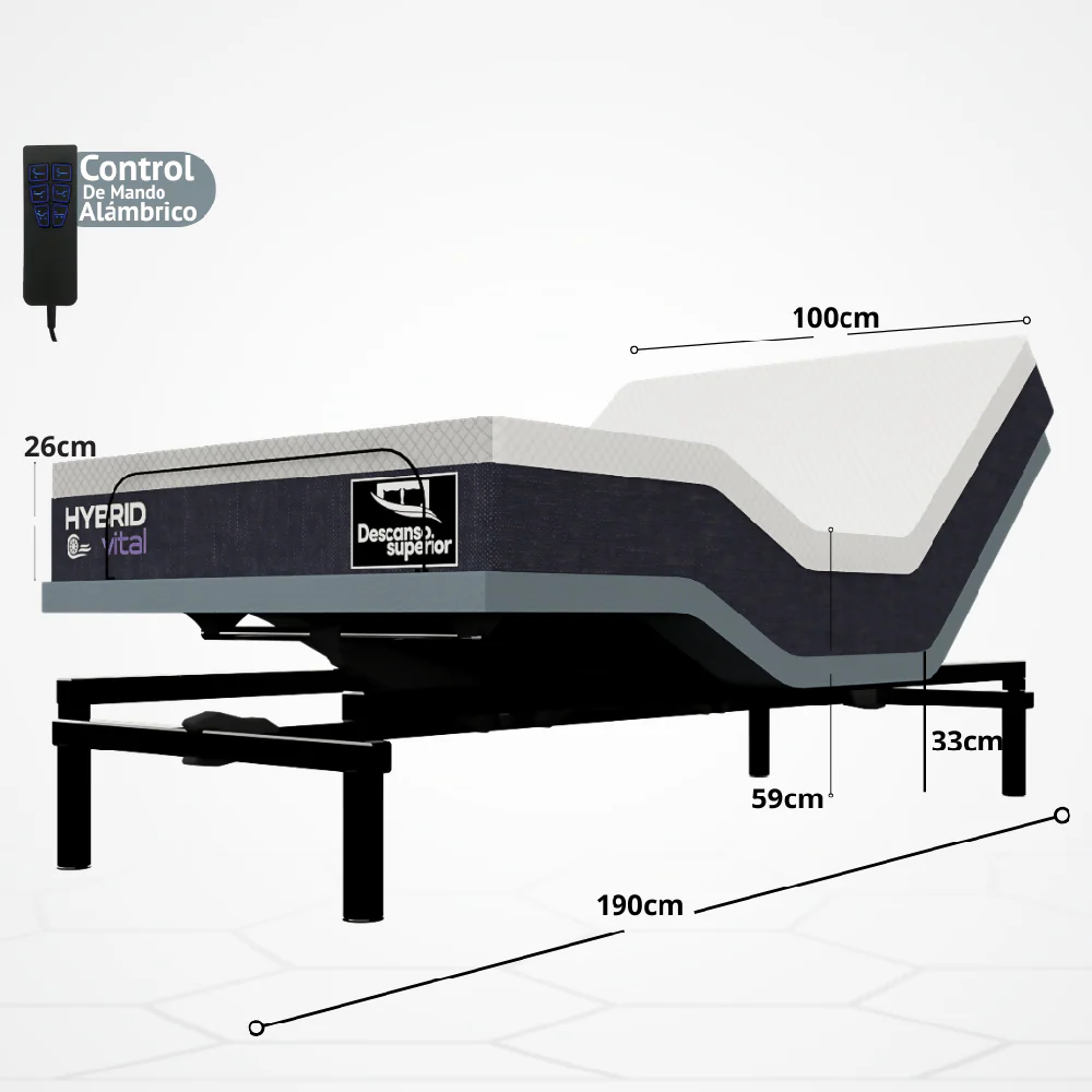 Cama Eléctrica Ajustable Easy Bed Control Alámbrico Gris Plomo /100x190 + Colchon Hybrid Vital - Imagen 7