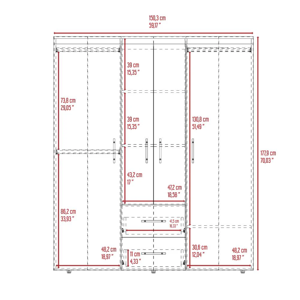 Closet Bariloche Bombay Eco, Nogal Europeo, con Variedad de Entrepaños y Cuatro Puertas Abatibles - Imagen 9