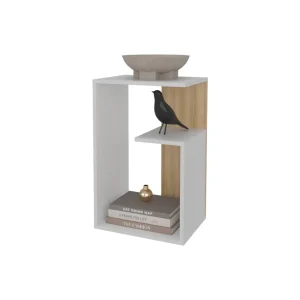 Mesa de Noche Evert, Blanco y Fresno Europeo, con diseño moderno y espacio para ubicar objetos ZF