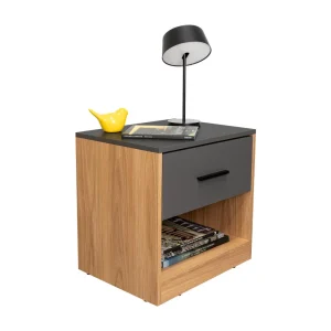 Mesa de Noche Ader, Plata Oscuro y Fresno Europeo, facil armado e instalación