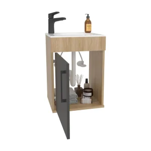 Mueble Lavamanos Oxford II, Fresno europeo y Plata Oscuro, Incluye Lavamanos y Grifería Sencilla Negro