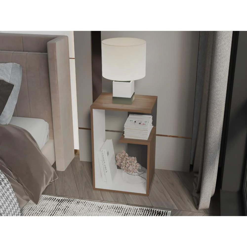 Mesa de Noche Evert, Castaño y Blanco Duqueza, con diseño moderno y espacio para ubicar objetos - Imagen 9