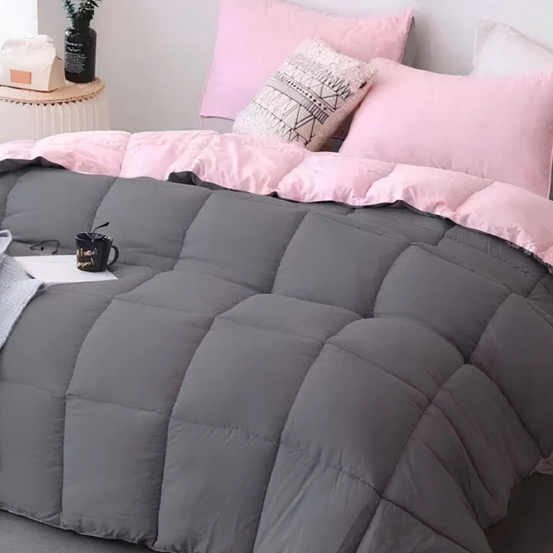 Edredón Cover Cuadros Bicolor Gris Oscuro Rosado Queen - Imagen 2