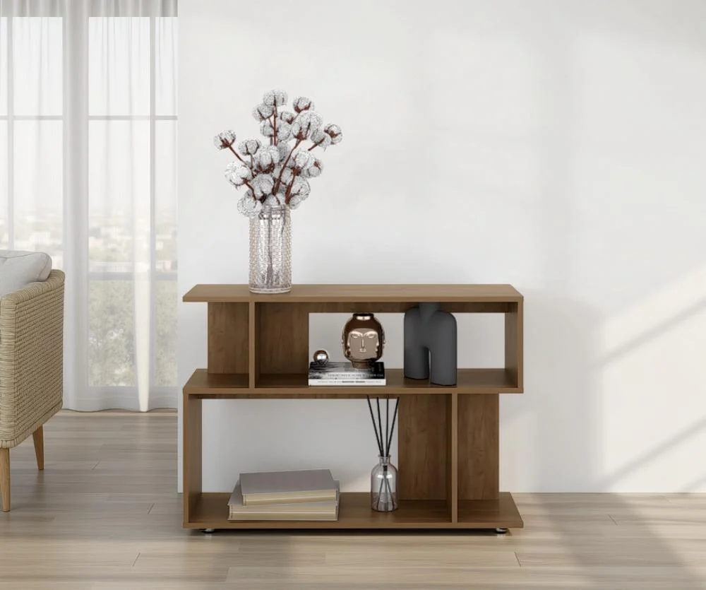 Mesa Auxiliar Asimetrica, Kronos Fresno Europeo, con espacio para ubicar objetos decorativos ZF - Imagen 3