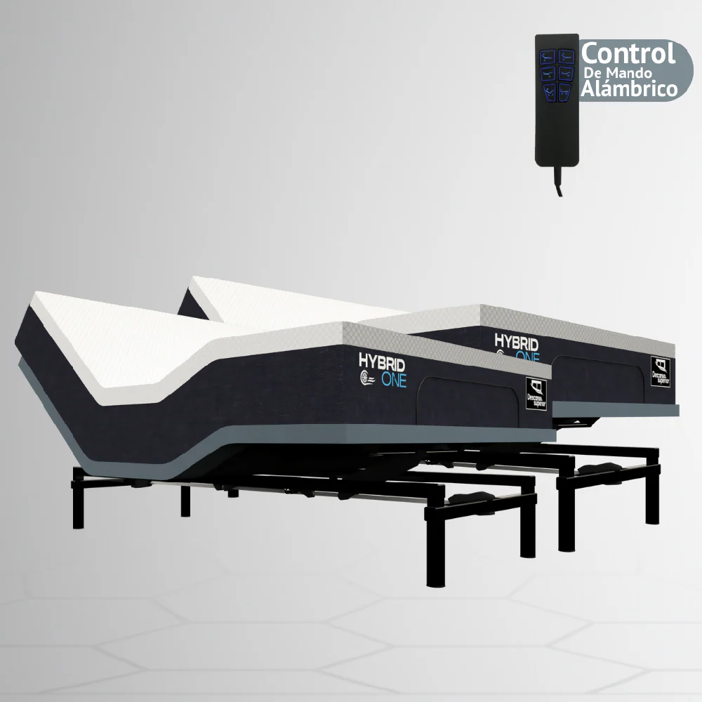 Cama Eléctrica Ajustable Easy Bed Control Alámbrico Gris Plomo /200x200 Dividida + Colchón Hybrid One