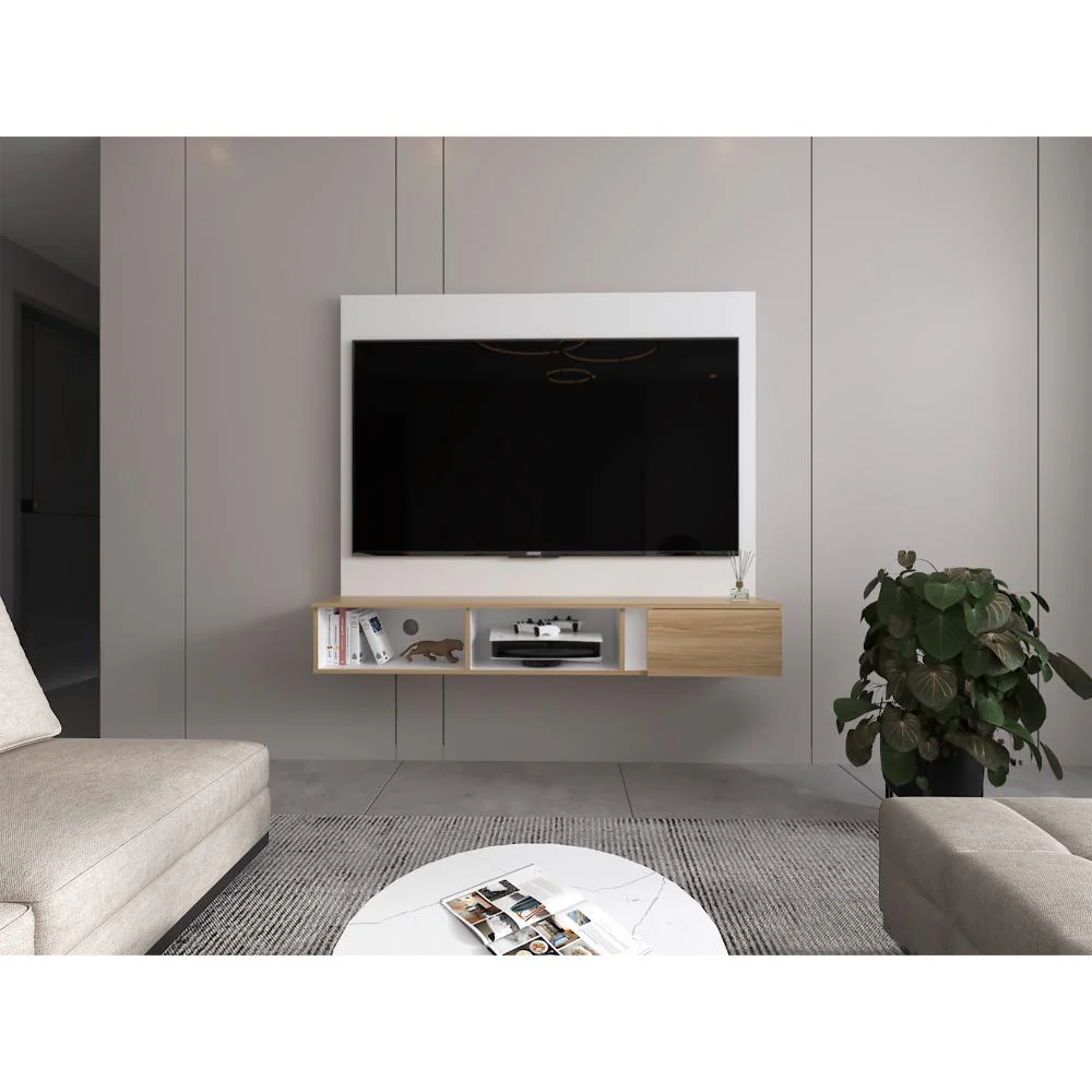 Panel para TV Light, Blanco Duqueza y Fresno Europeo, con espacio pata Televisor de 65" - Imagen 3