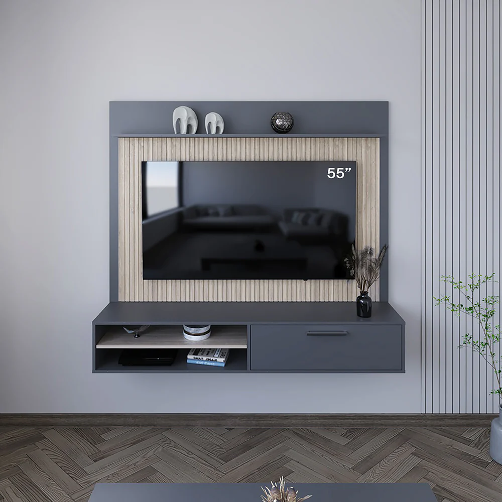 Panel de Tv Hober, Plata Oscuro y Bardolino, con Espacio Para Televisor desde 55" hasta 70" - Imagen 5