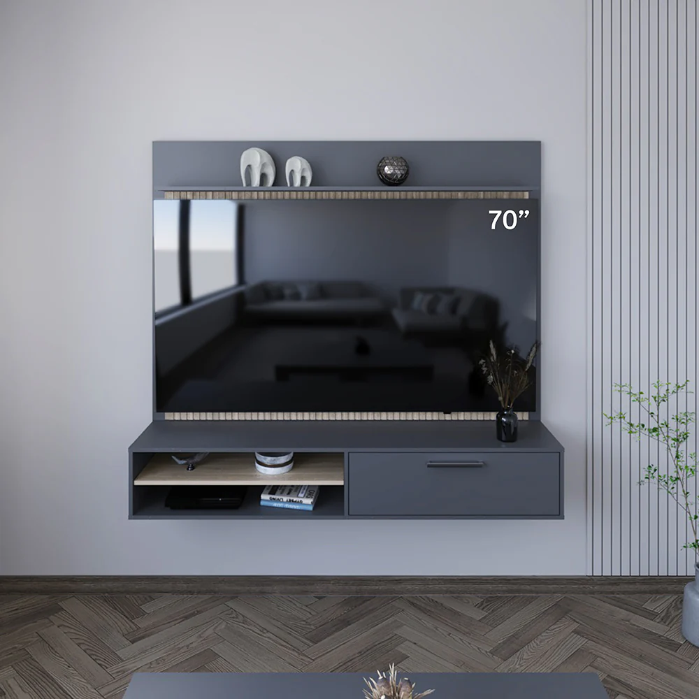 Panel de Tv Hober, Plata Oscuro y Bardolino, con Espacio Para Televisor desde 55" hasta 70" - Imagen 3