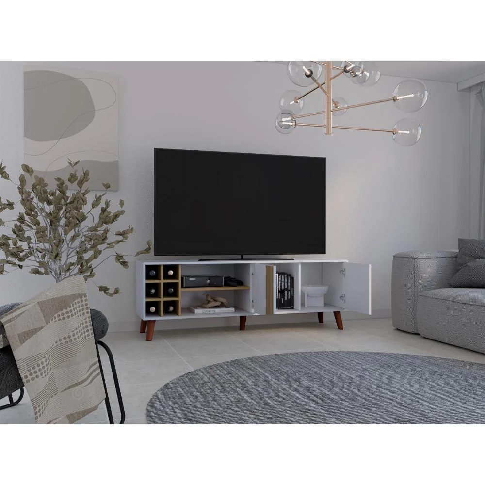 Mesa para TV Lannez, Blanco Duqueza y Fresno Europeo, con dos puertas abatibles 65" - Imagen 4