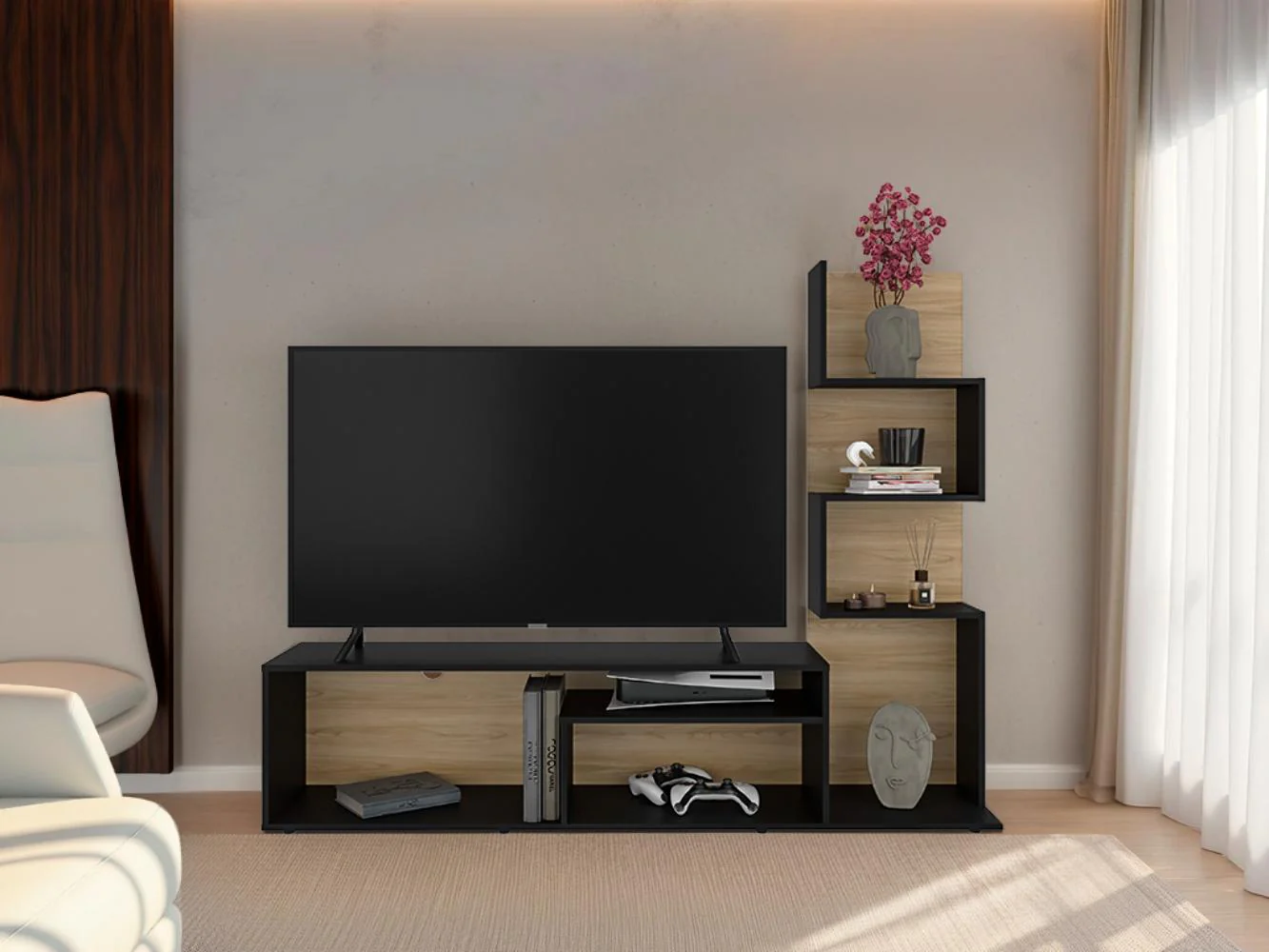 Mesa Para Tv Neri, Fresno Europeo y Wengue, Para Televisor Hasta 55 Pulgadas