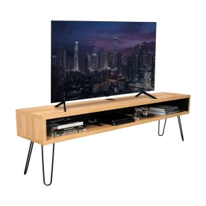 Mesa Para Tv Ralf, Fresno Europeo y Wengue, con patas metálicas y espacio de tv hasta 70 pulgadas