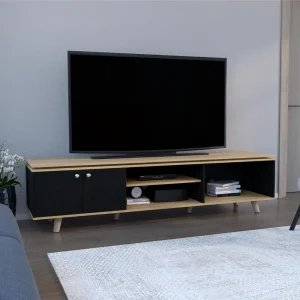 Mesa para TV Rochester, Negro y Fresno Europeo, para televisor máximo 75"