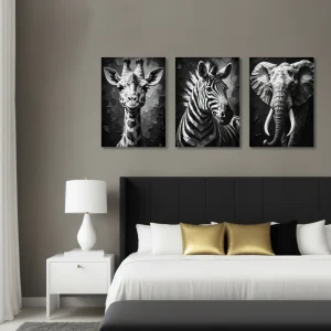 Lienzo Tríptico Safari en Blanco y Negro Set X3 60x43Cm c/u