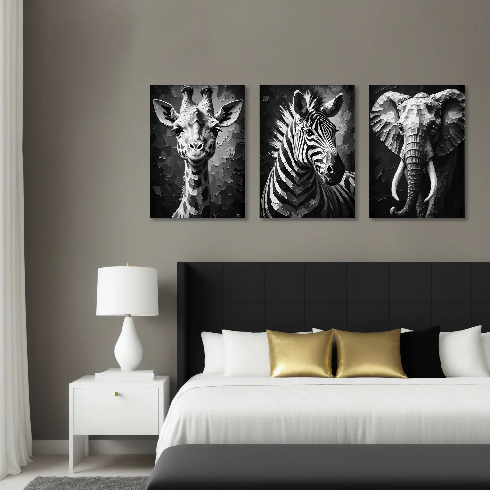 Lienzo Tríptico Safari en Blanco y Negro Set X3 60x43Cm c/u