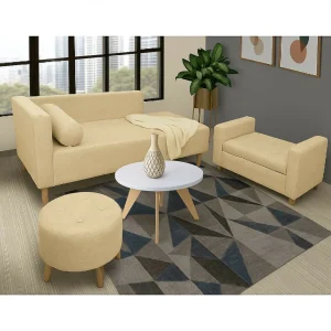 Combo Sala Sofa (66X163X64) + Puff + Banqueta Baúl Beige + Mesa De Centro