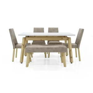 Comedor 6 Puestos Tyrone 150x80x76 Sillas y Butaco Viena Tela Beige
