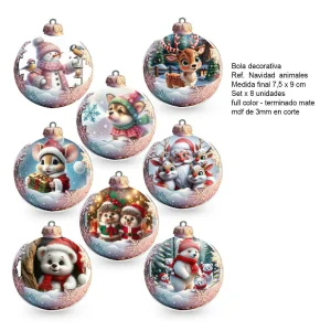 Set x 8 und Apliques Bola de Navidad-Animales (7,5cm x 9cm) Color Blanco y Rosado