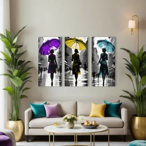 Lienzo Tríptico Tricolor Paseo Bajo la Lluvia 34x72Cm c/u