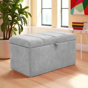 Puff Baúl 80x40 Paneles Gris Claro Tela