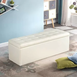 Puff Baúl 80x40 Blanco Sintético